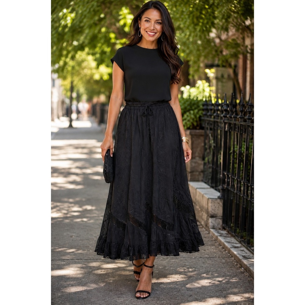 HolyClothing L/XL Handmade Black Maxi Skirt Gothic Embroidered Lace Fairycore